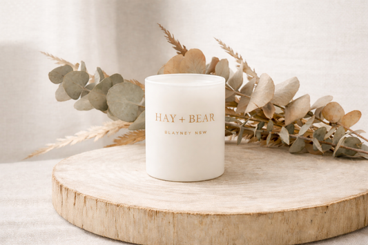 Candle with 'HAY + BEAR' branding on a wooden surface with decorative plants.